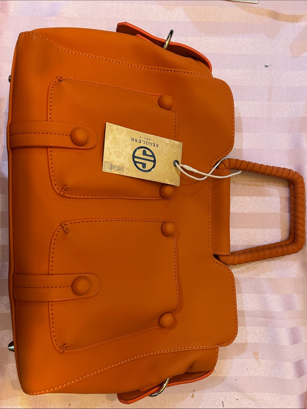 Segolene Paris Bright Orange Structured Satchel with Front Pocket Details